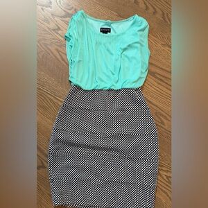 Enfocus Studio Aqua and Black Polka Dot Pencil Dress